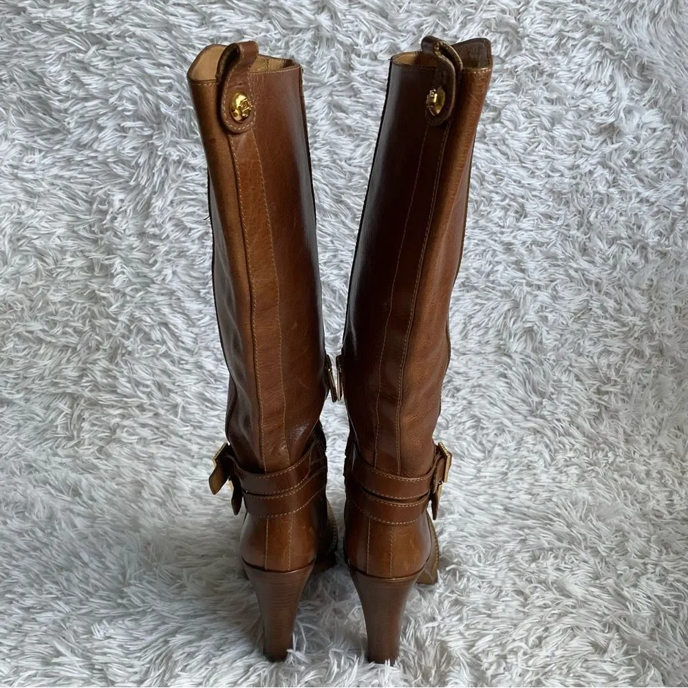 Tory Burch Brown Leather Platform Heels Boots with Ankle Straps Size 8 - Picture 5 of 11